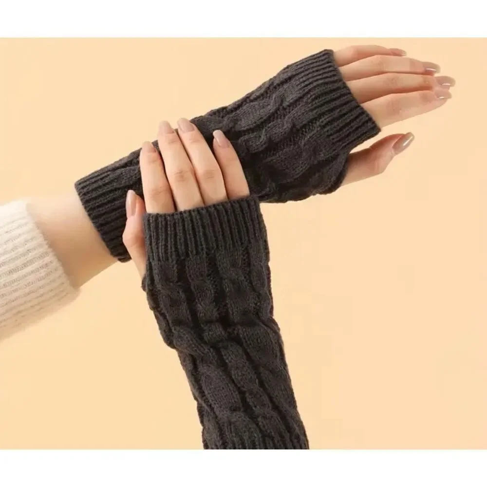 Women’s Cable Knit Fingerless Gloves Brown One Size